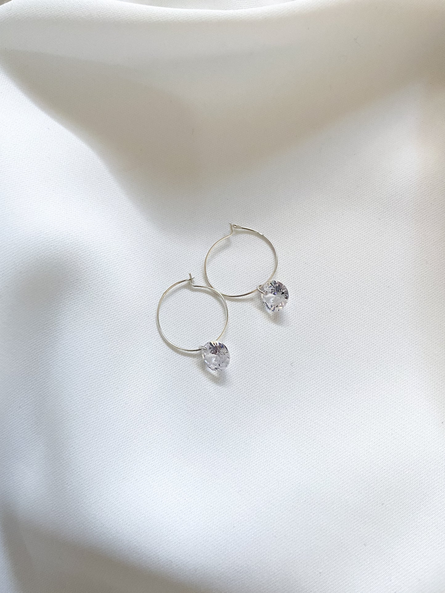 Diamanté Charm Sterling Silver Fine Hoop Earrings