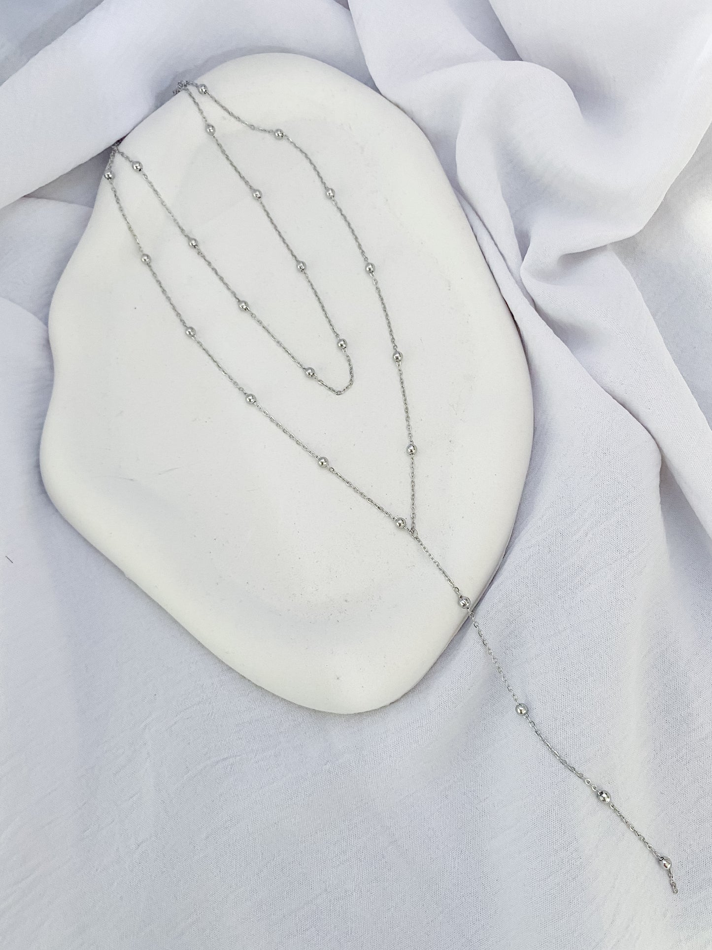 Layered & Dotted Lariat Necklace - Silver