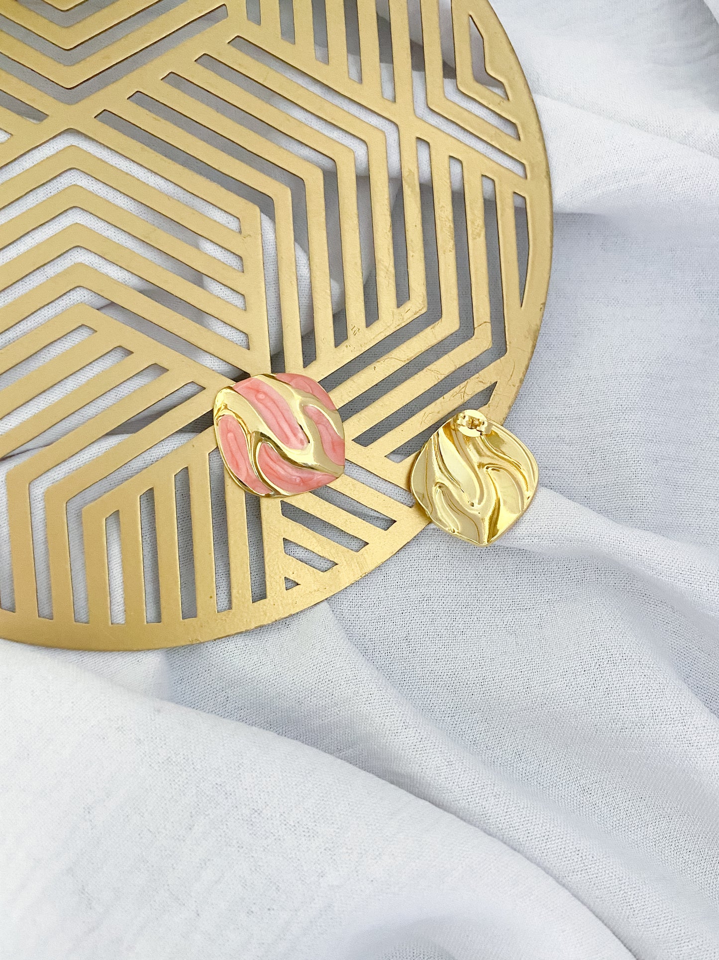 Large Rippled Earrings - Pink & Gold