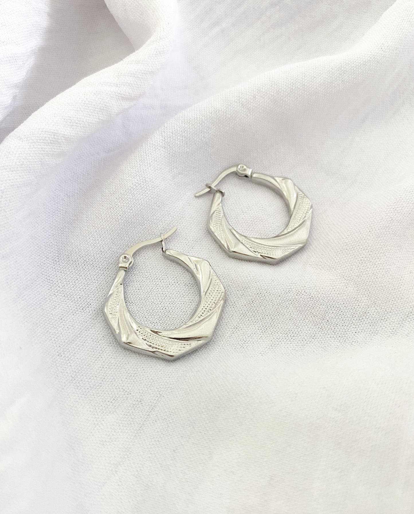Large Textured Octagon Hinge Hoop Earrings - Silver