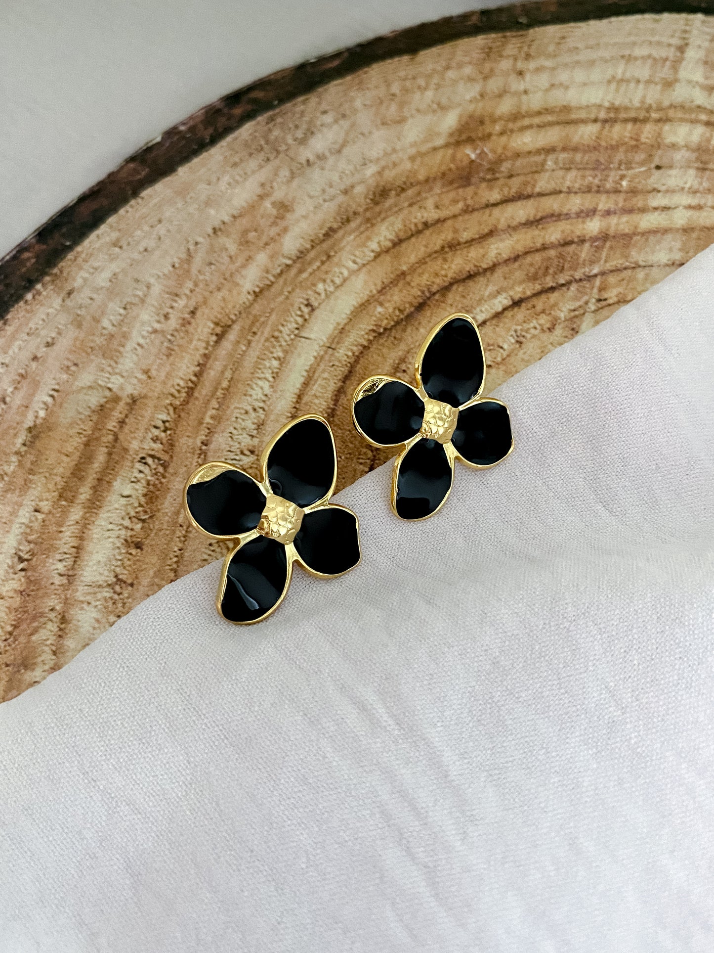 Large Floral Black Earrings - Gold