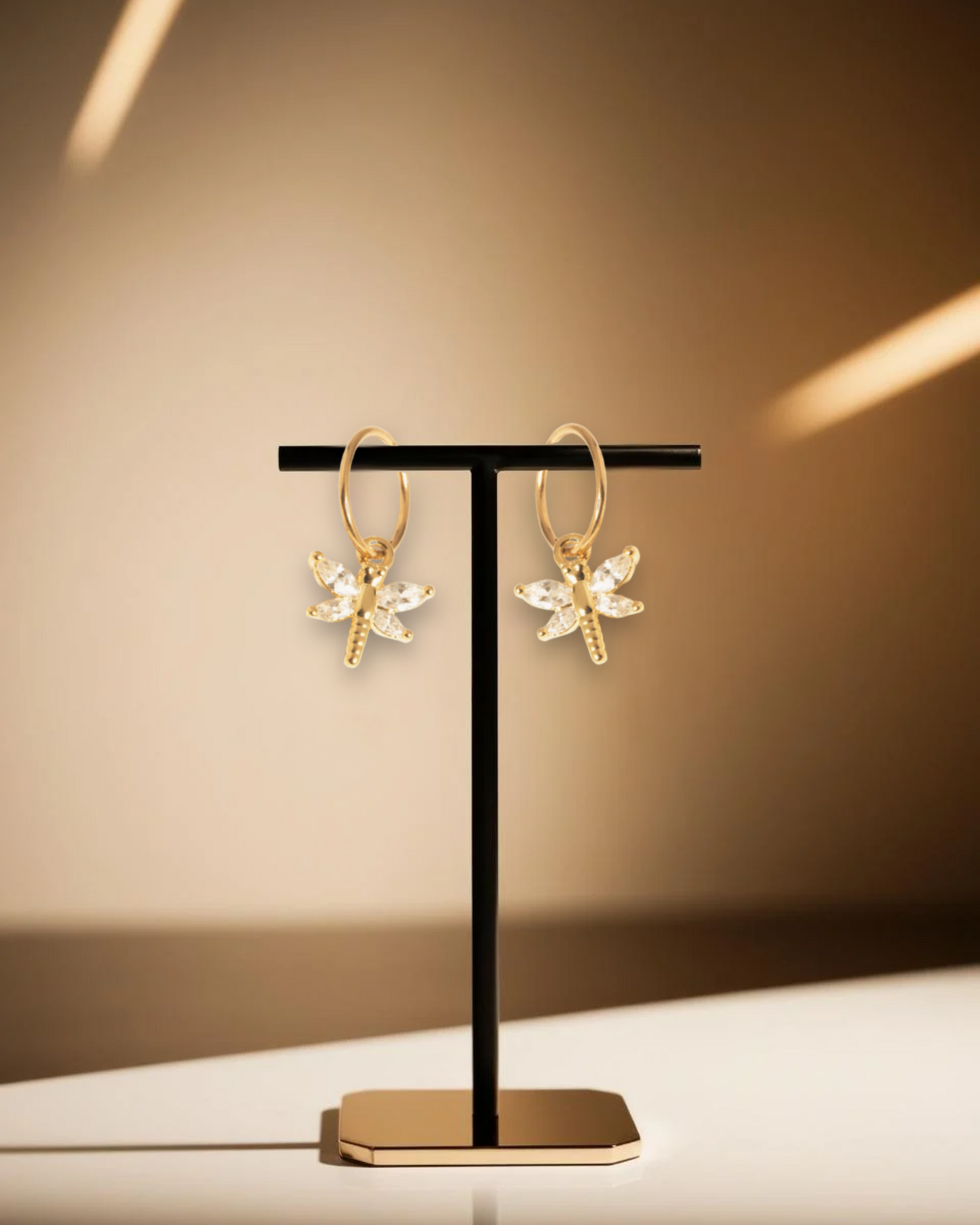 Dangling Cubic Zirconia Dragonfly Surgical Steel Hoop Earrings - Gold Plated