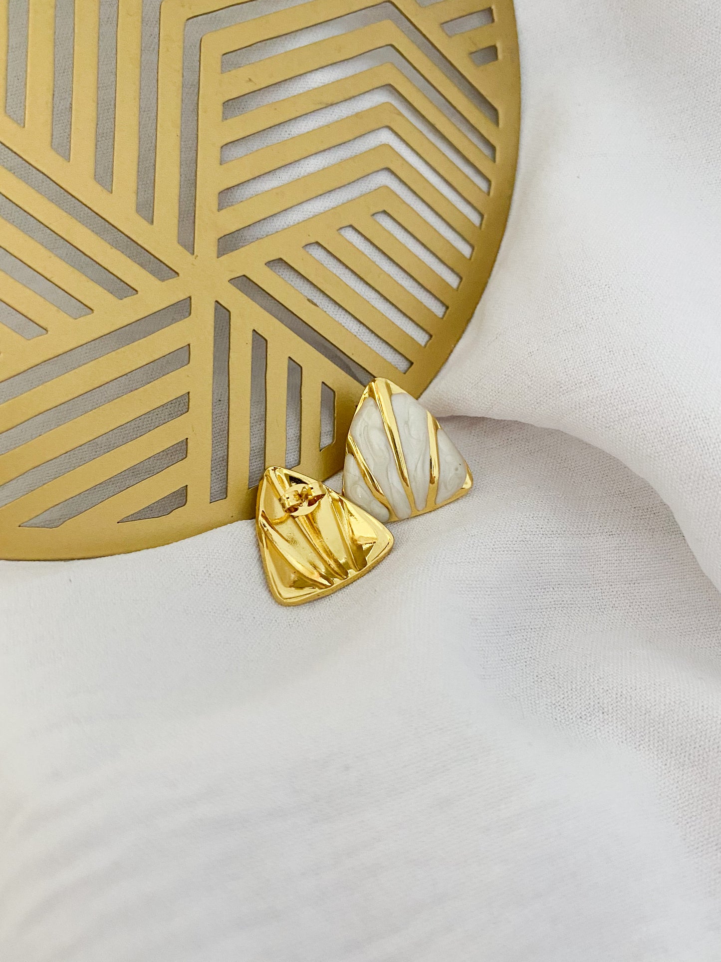 Large Triangle Earrings - White & Gold