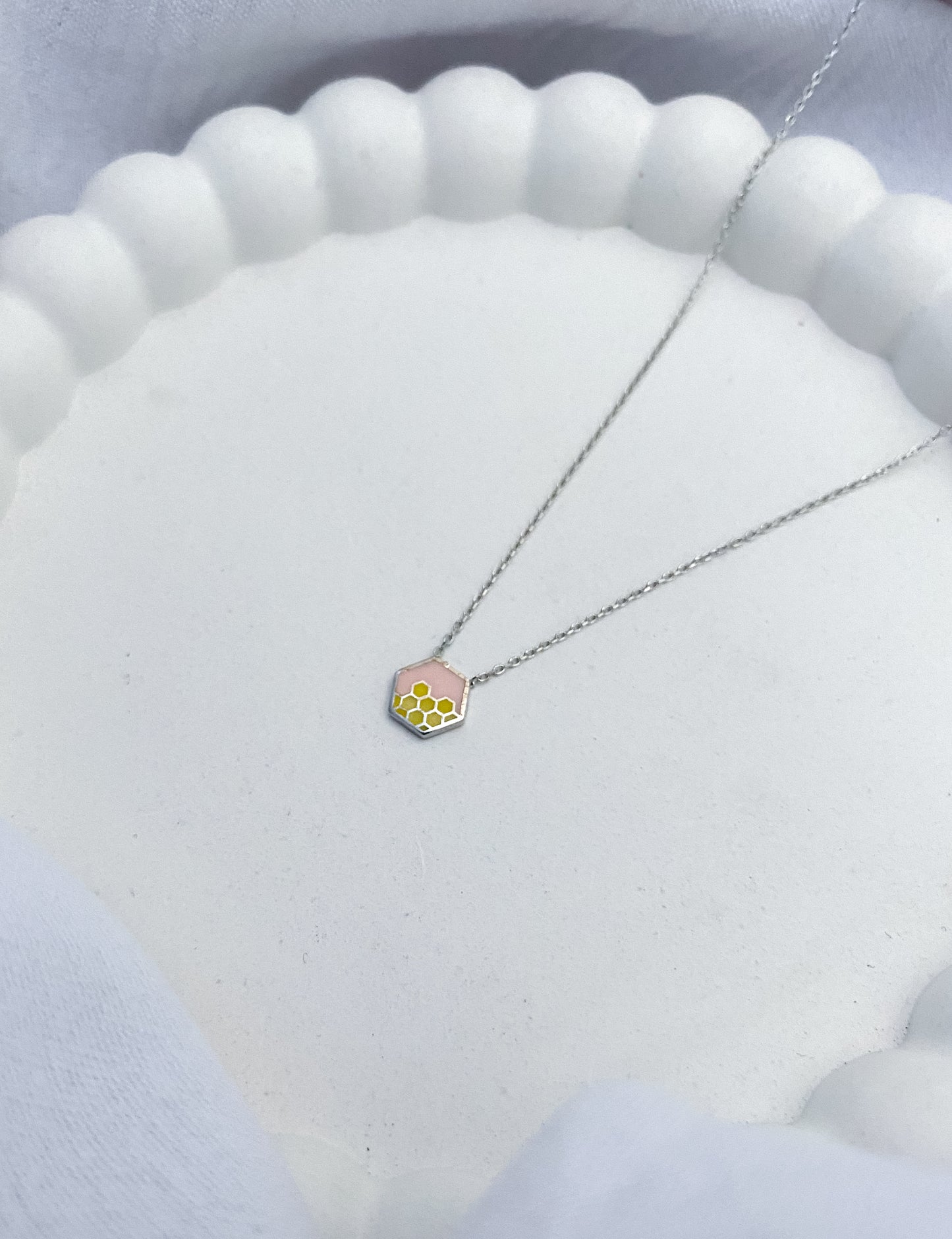 Dainty Pink Honeycomb Sterling Silver Necklace (42cm)