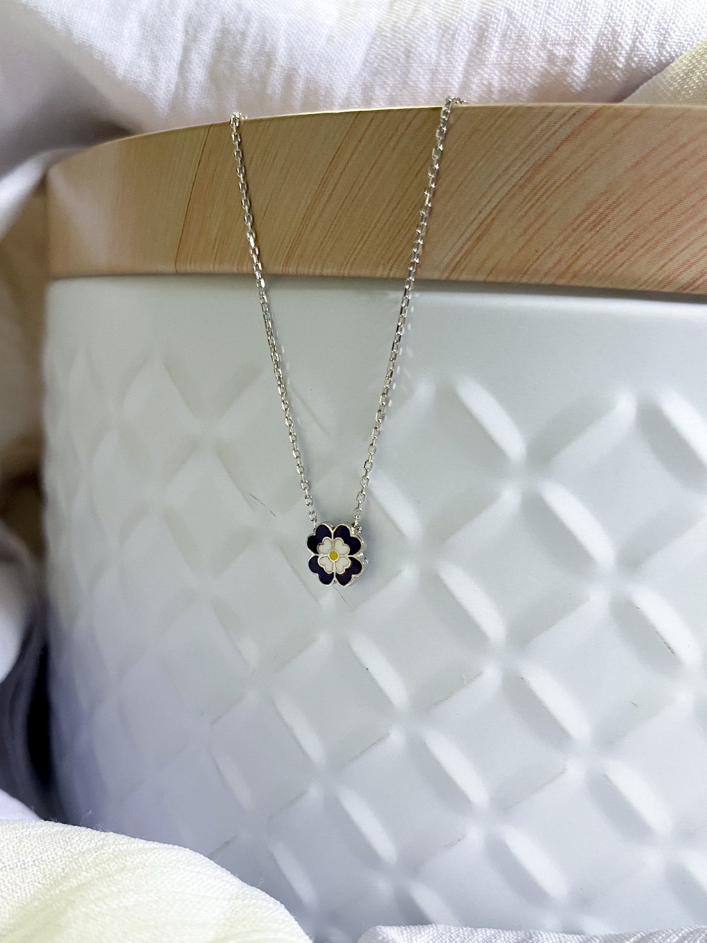Dainty Navy Frangipani Sterling Silver Necklace (42cm)