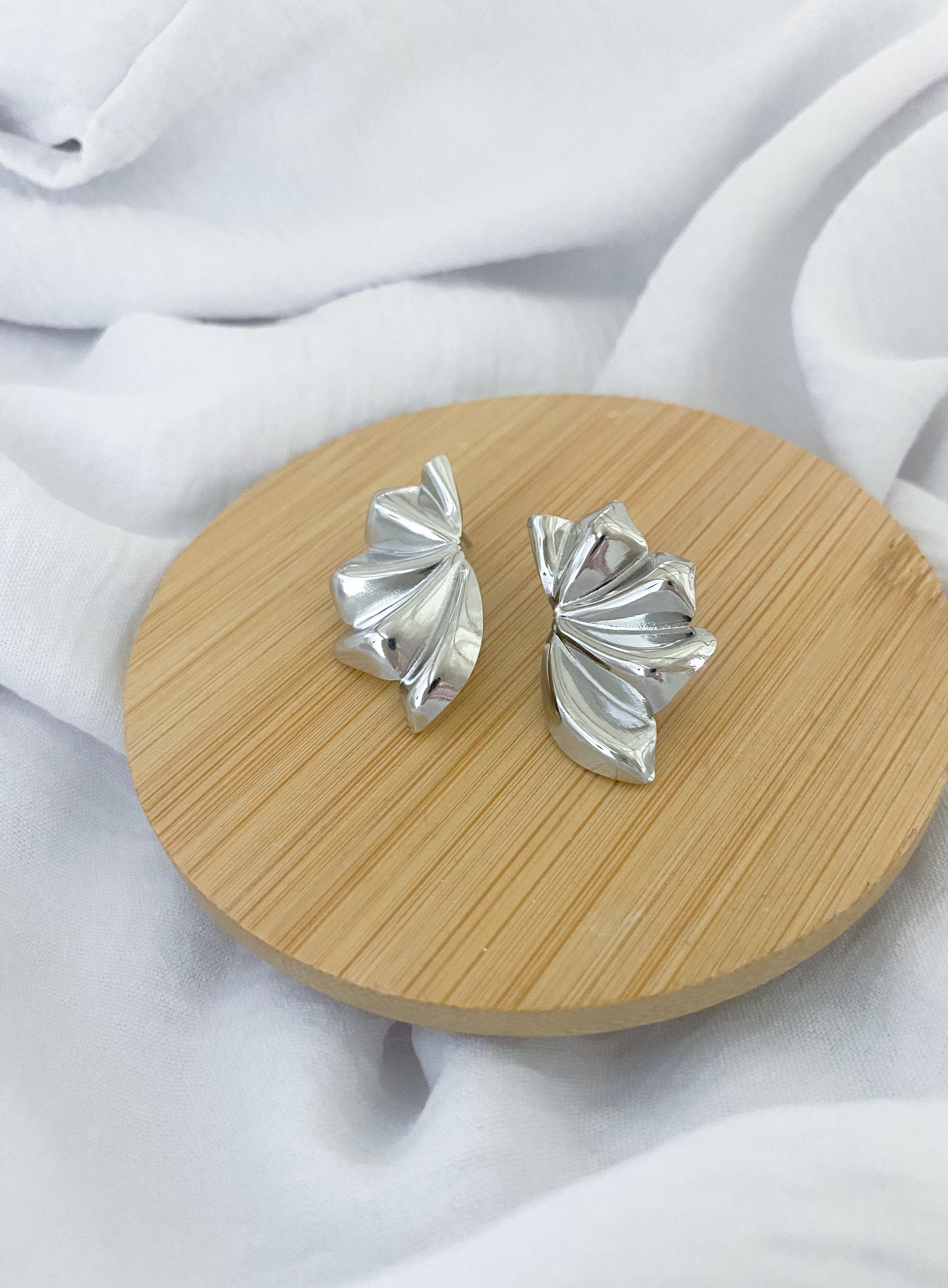 Large Ridged Crescent Earrings - Silver