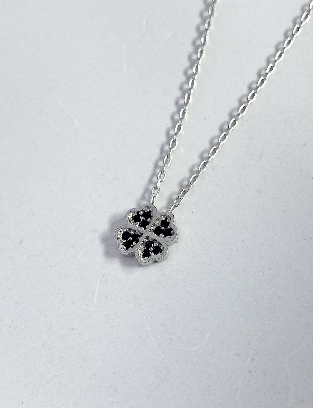 Black Cubic Zirconia Four-Leaf Clover Sterling Silver Necklace (40-45cm)