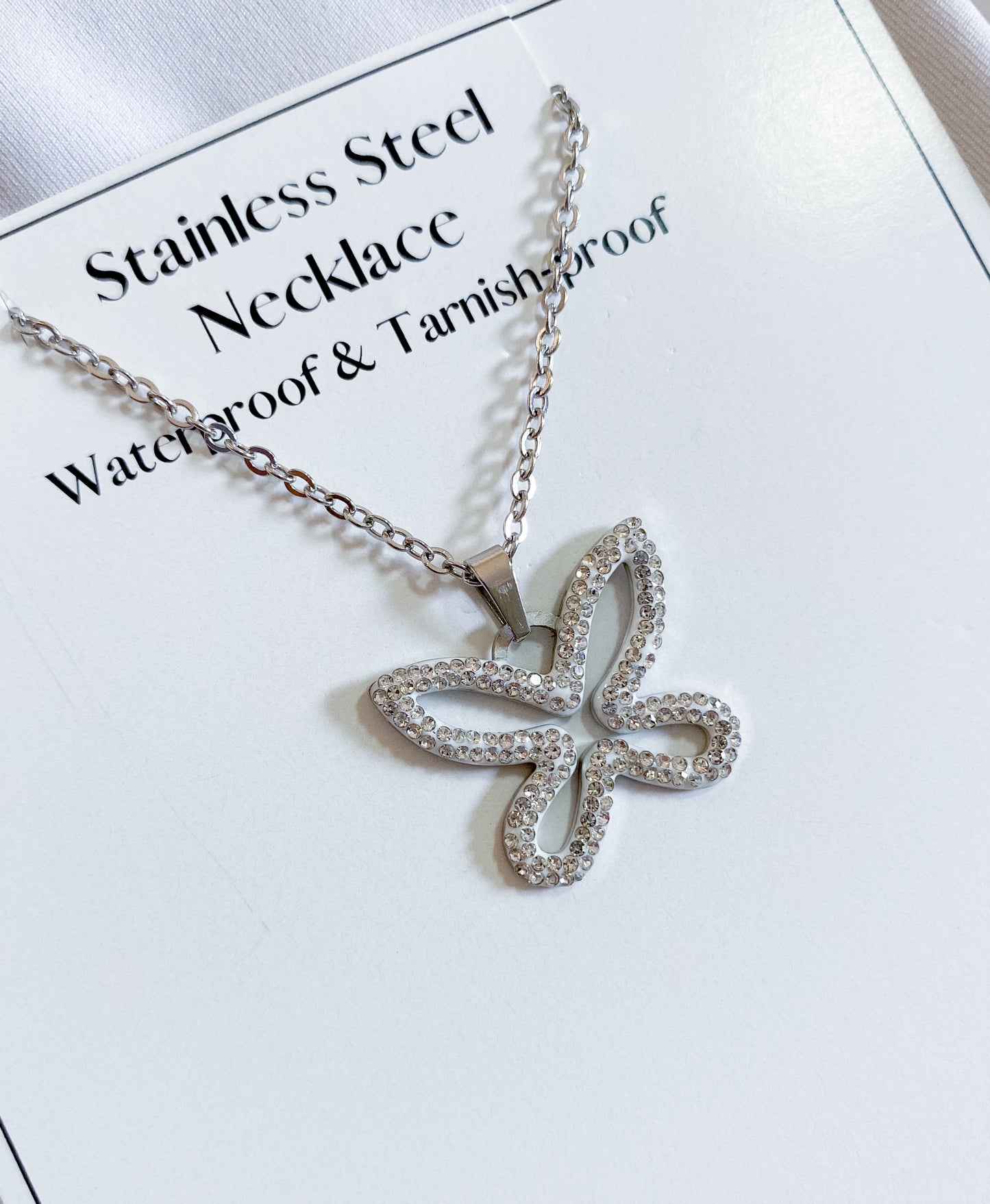 White Studded Butterfly Necklace - Silver