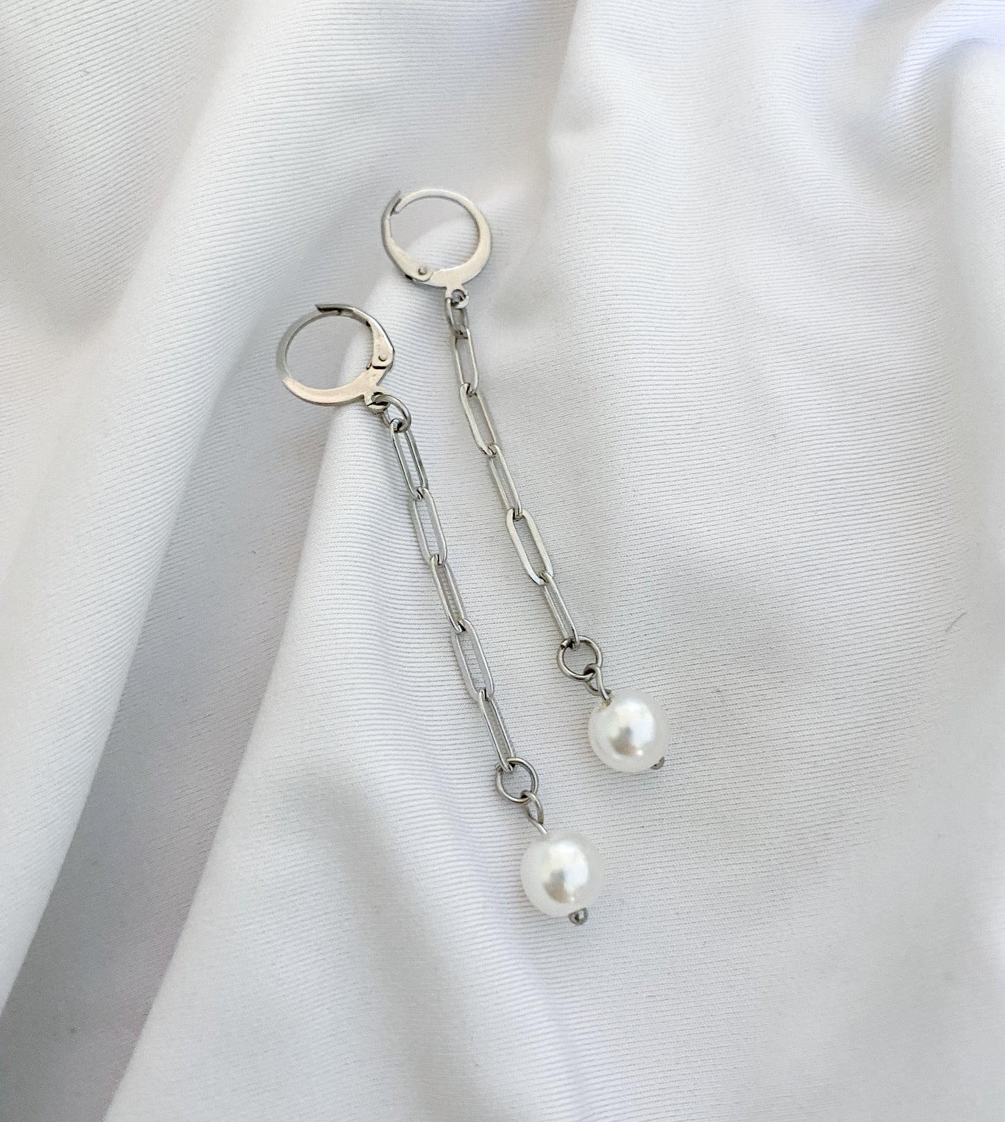 Faux Pearl Paperclip Earrings - Silver