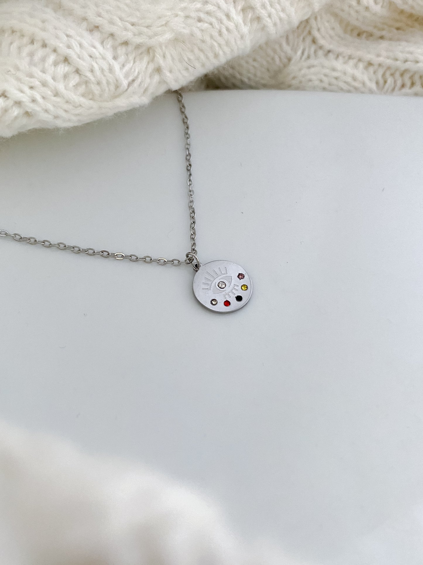 Colorful Diamanté Eye Necklace - Silver