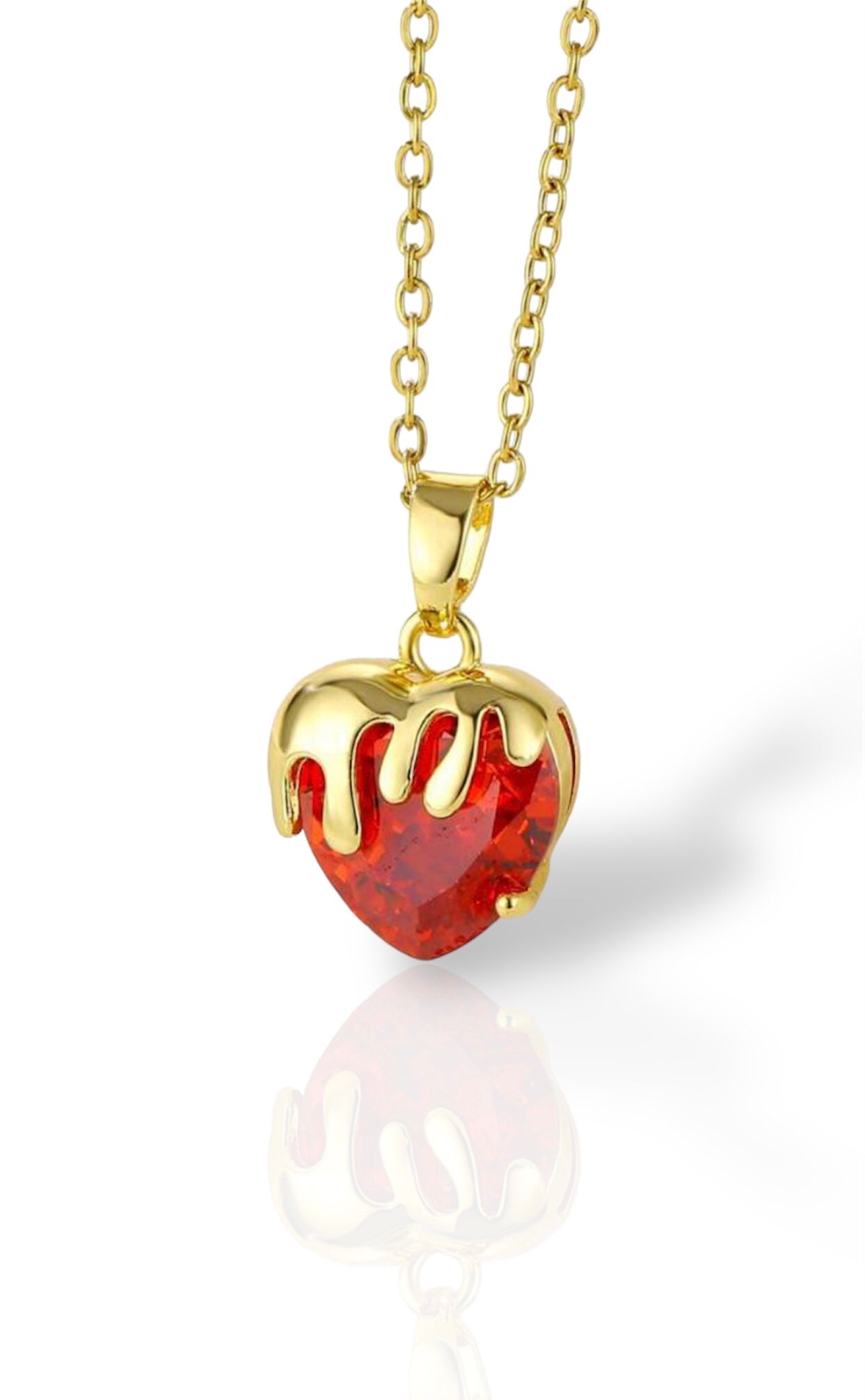 Red Gem Heart Necklace - Gold