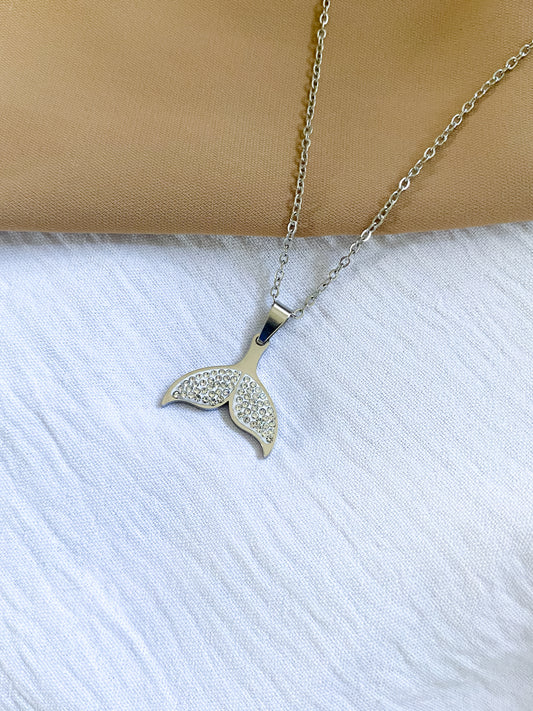 Studded Whale Tail Necklace - Silver