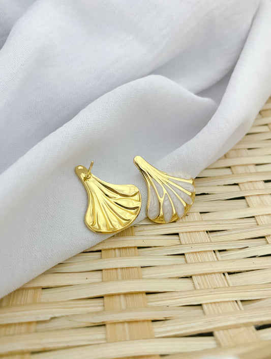 Large Creamy Ginkgo Leaf Earrings - Gold