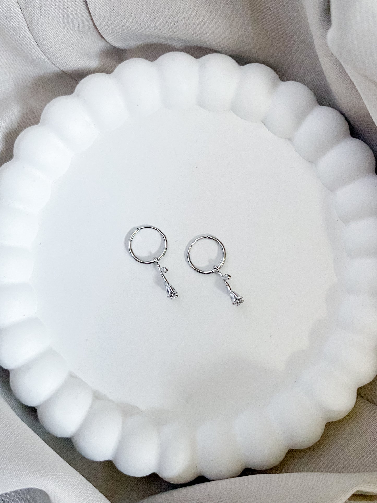 Dangling Rose Hoop Earrings with a Surgical Steel Post