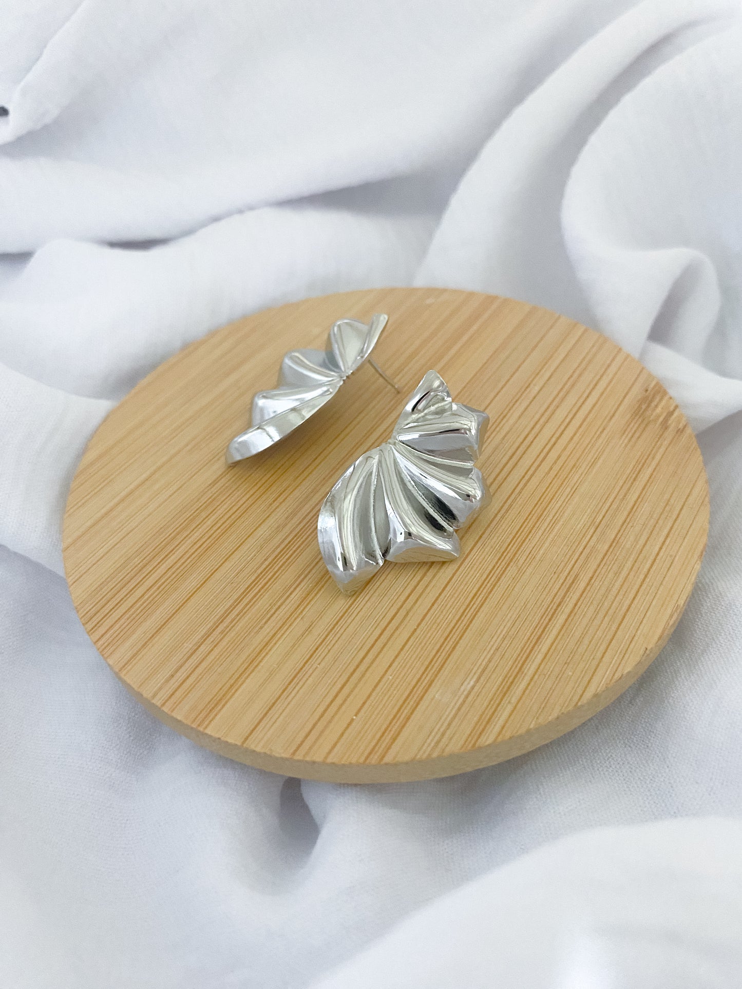 Large Ridged Crescent Earrings - Silver