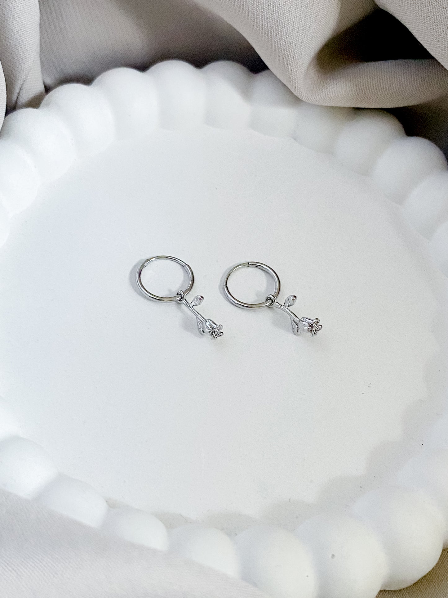 Dangling Rose Hoop Earrings with a Surgical Steel Post