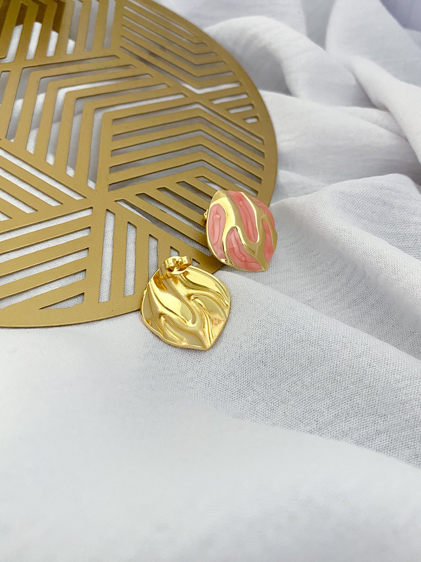 Large Rippled Earrings - Pink & Gold