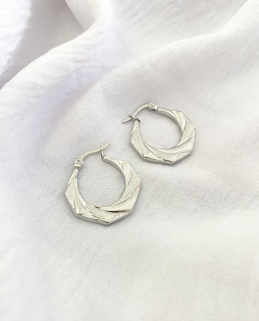 Large Textured Octagon Hinge Hoop Earrings - Silver