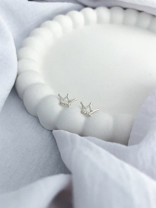 Cubic Zirconia Crown Sterling Silver Stud Earrings