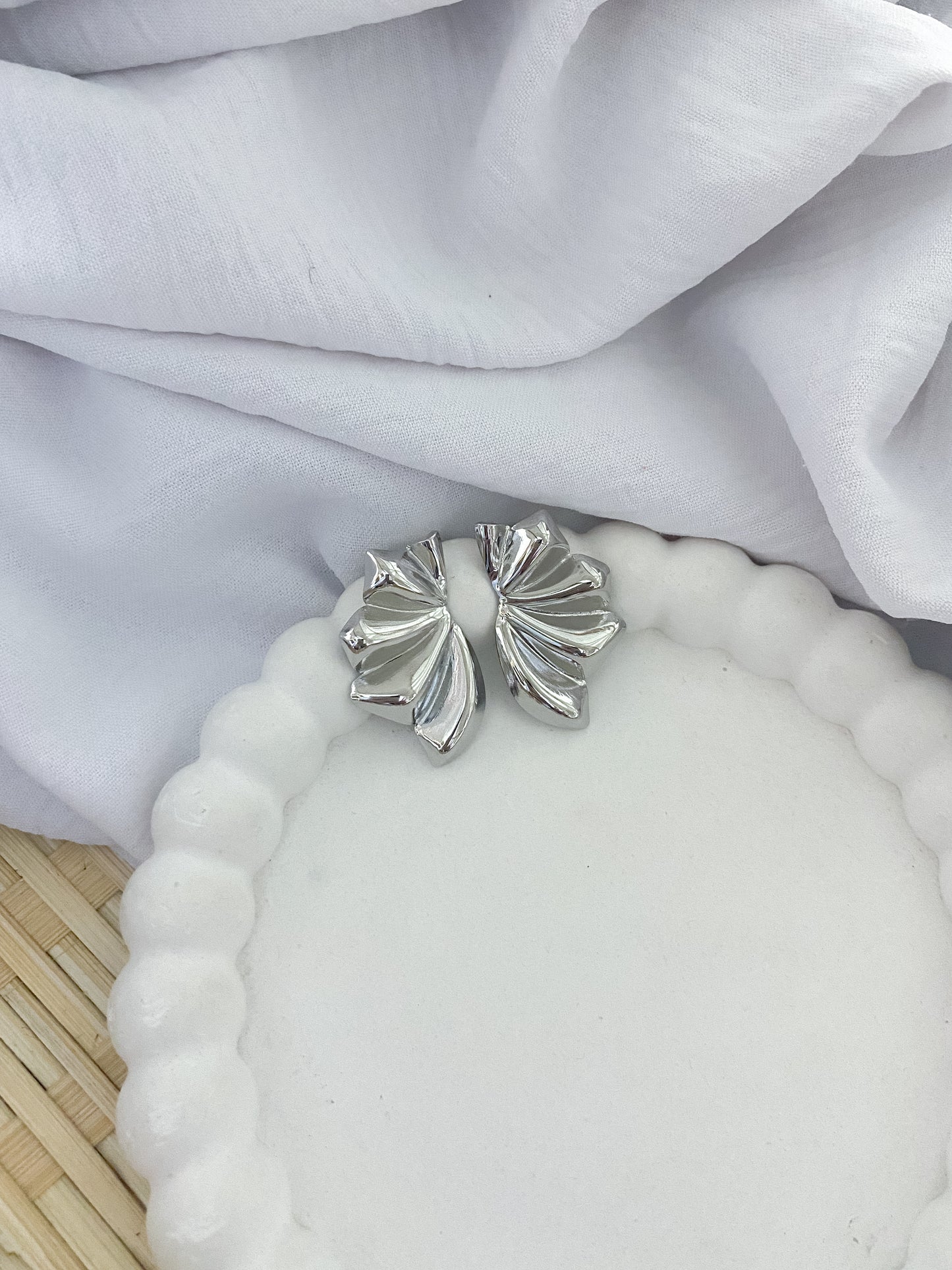 Large Ridged Crescent Earrings - Silver
