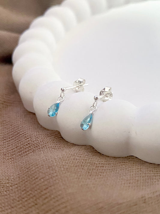 Dainty Dangling Baby Blue Cubic Zirconia Sterling Silver Stud Earrings