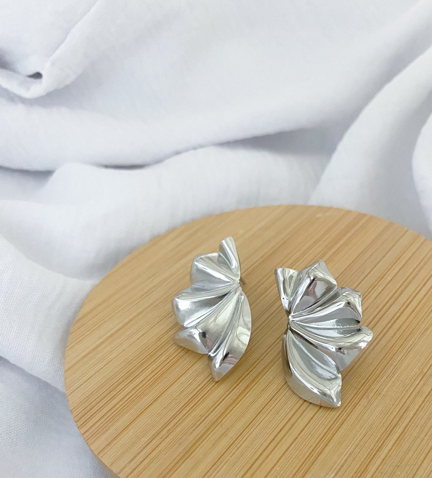 Large Ridged Crescent Earrings - Silver