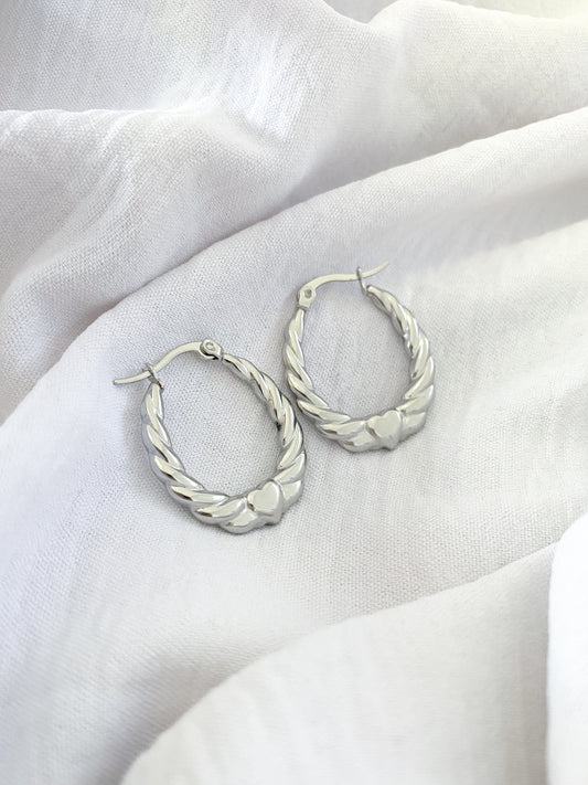 Heart Wing Oval Hinge Hoop Earrings - Silver