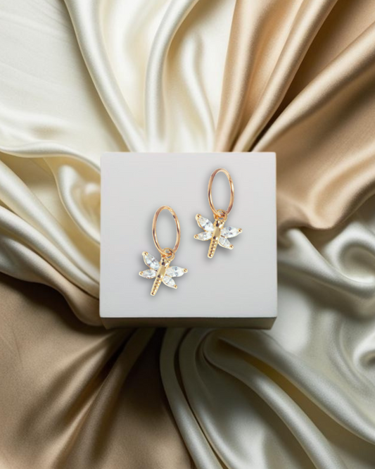 Dangling Cubic Zirconia Dragonfly Surgical Steel Hoop Earrings - Gold Plated