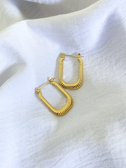 Large Rippled Block Hoop Earrings - Gold