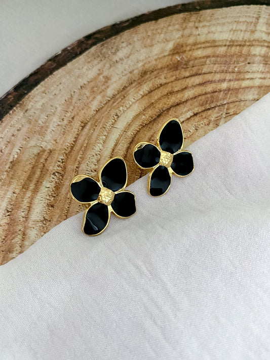 Large Floral Black Earrings - Gold