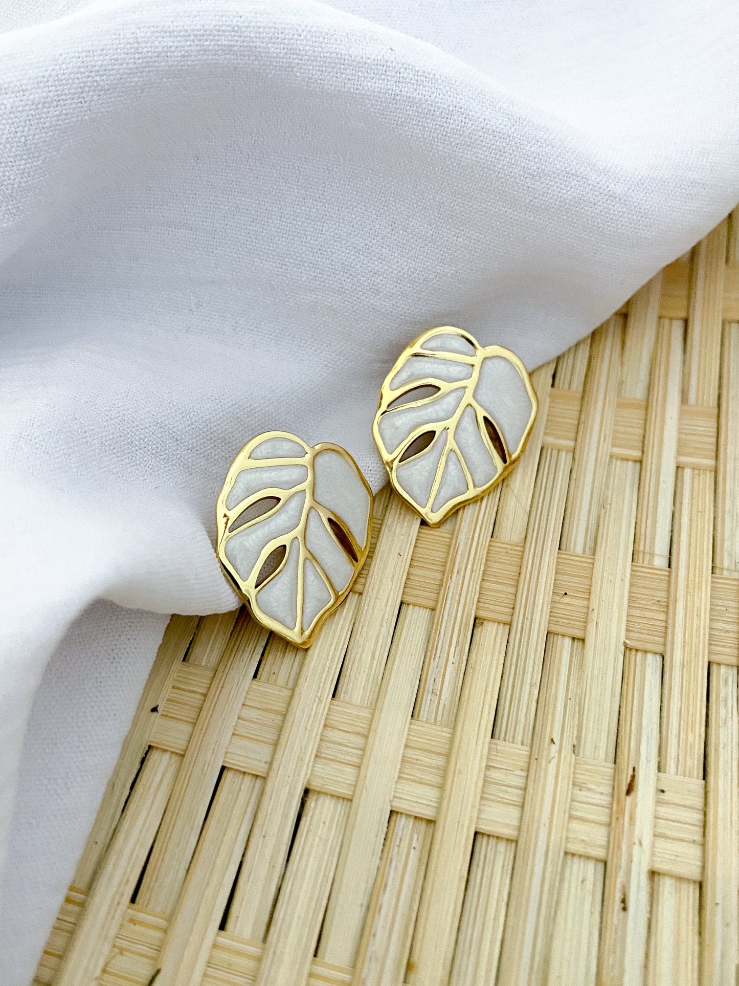 Large Palm Leaf Earrings - White & Gold