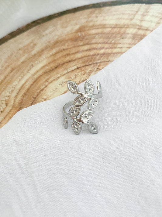 Large Adjustable Leaf Cuff Ring - Silver
