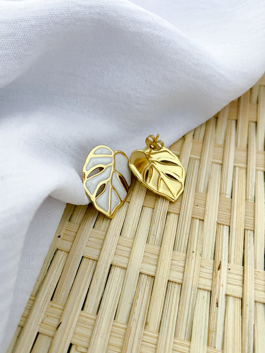 Large Palm Leaf Earrings - White & Gold