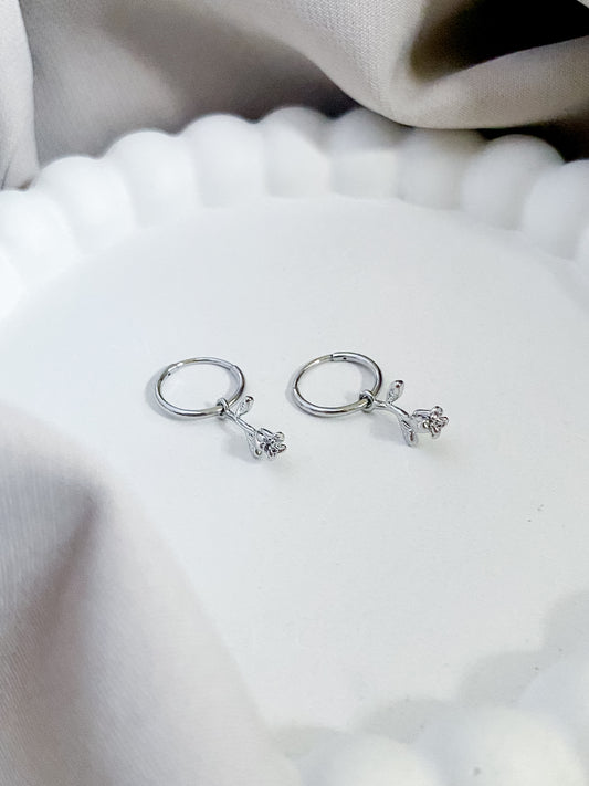 Dangling Rose Hoop Earrings with a Surgical Steel Post