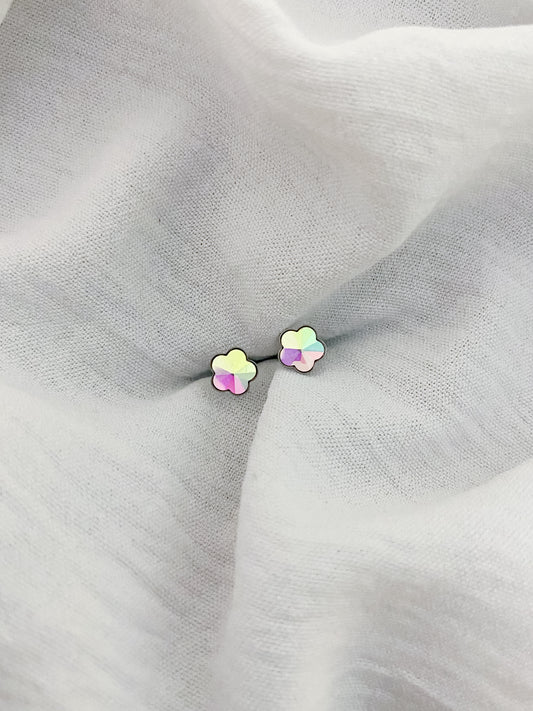 Holographic Diamanté Floral Twist-Back Earrings - Silver