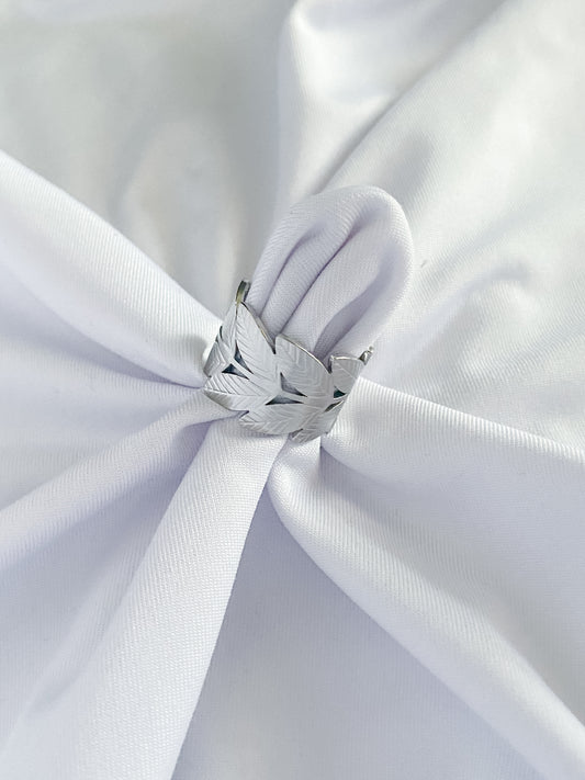 Large Adjustable Glossy Leaf Cuff Ring - Silver