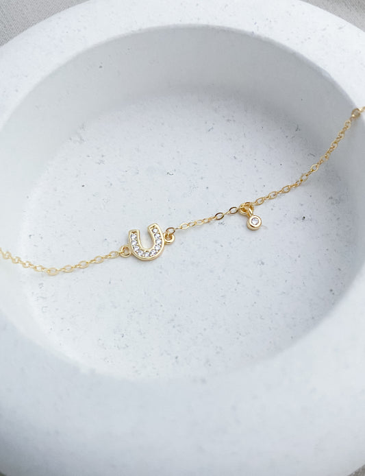 Sterling Silver Diamanté Charm Horseshoe Bracelet - Gold Plated