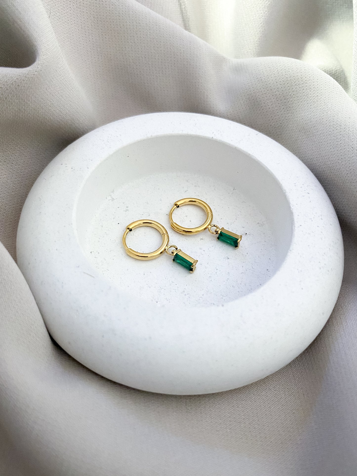 Green Cubic Zirconia & Surgical Steel Hoop Earrings - Gold Plated