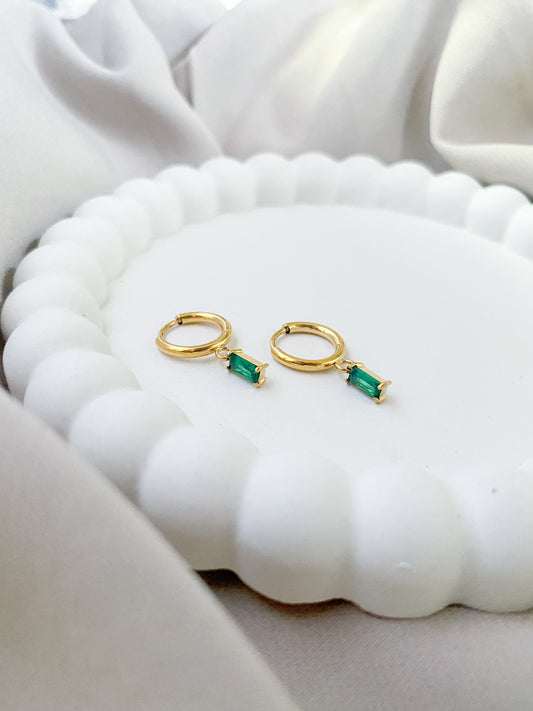 Green Cubic Zirconia & Surgical Steel Hoop Earrings - Gold Plated