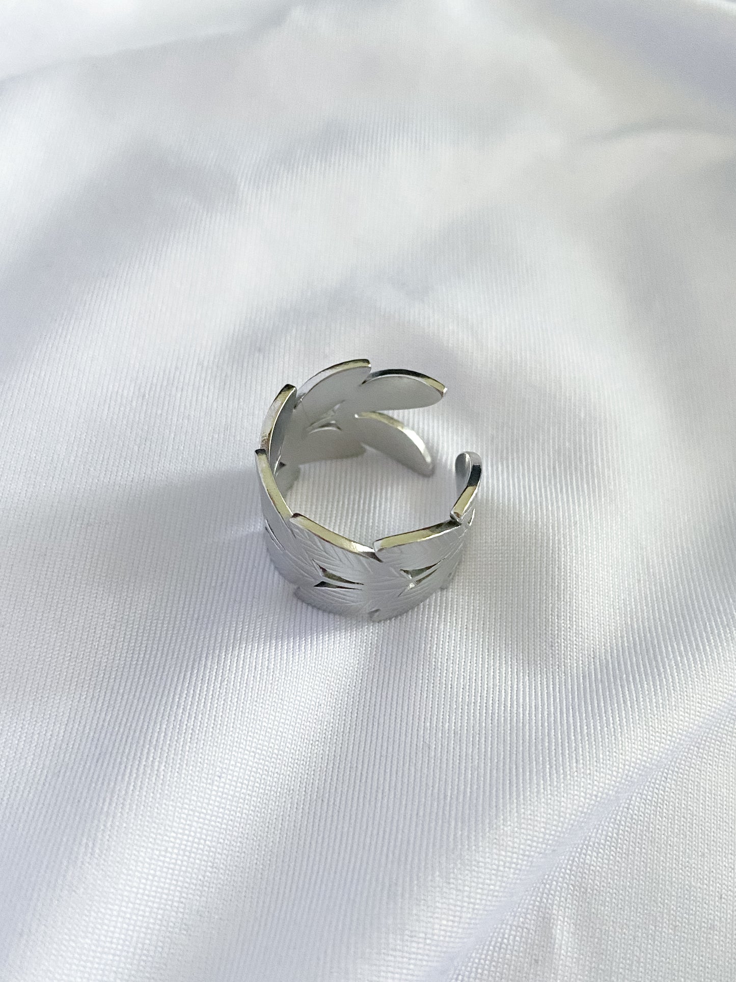 Large Adjustable Glossy Leaf Cuff Ring - Silver