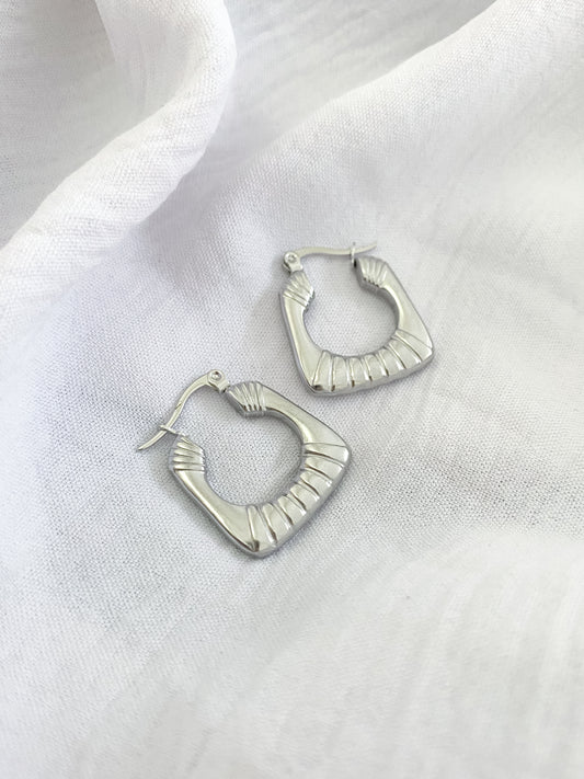 Large Ridge Block Hinge Hoop Earrings - Silver
