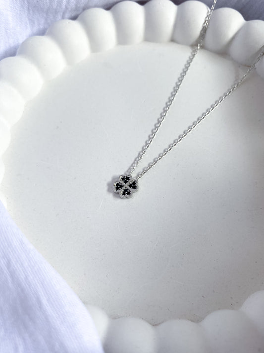 Black Cubic Zirconia Four-Leaf Clover Sterling Silver Necklace (40-45cm)