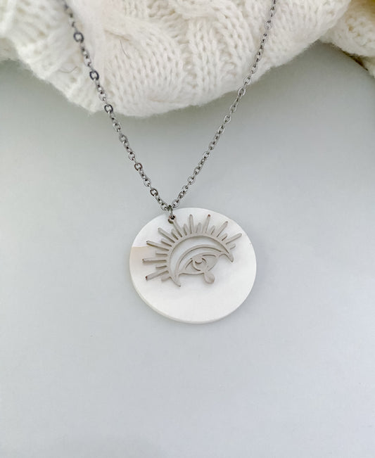 Pearly Disk Eye Necklace - Silver
