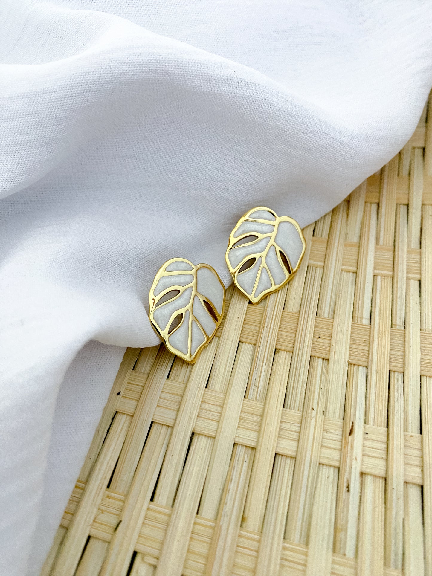 Large Palm Leaf Earrings - White & Gold