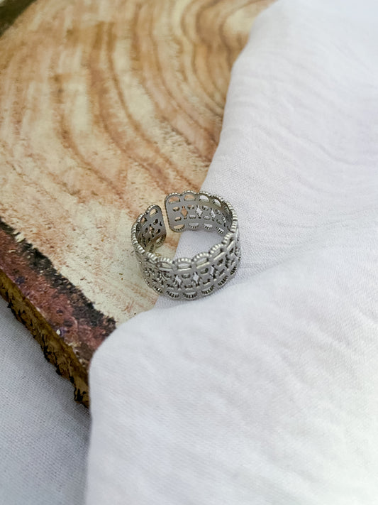 Wide Adjustable Ethereal Cuff Ring - Silver