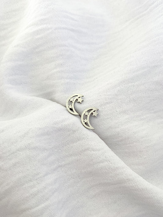 Detailed Star/Moon Earring Studs - Silver