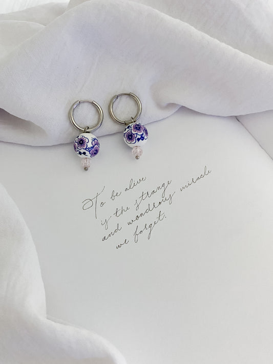 Greek Floral Hoop Earrings - Silver