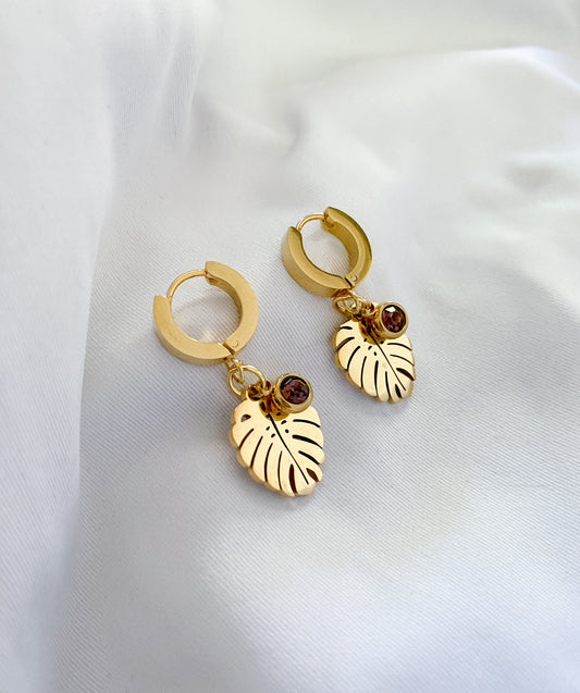 Purple Gem Leaf Hoop Earrings - Gold