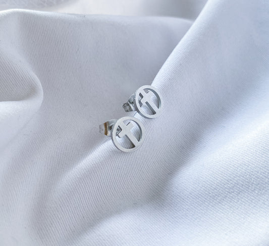 Circle Cross Earring Studs - Silver
