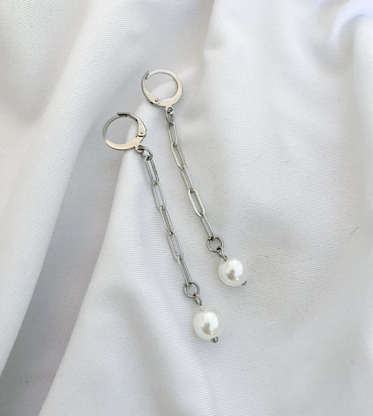 Faux Pearl Paperclip Earrings - Silver